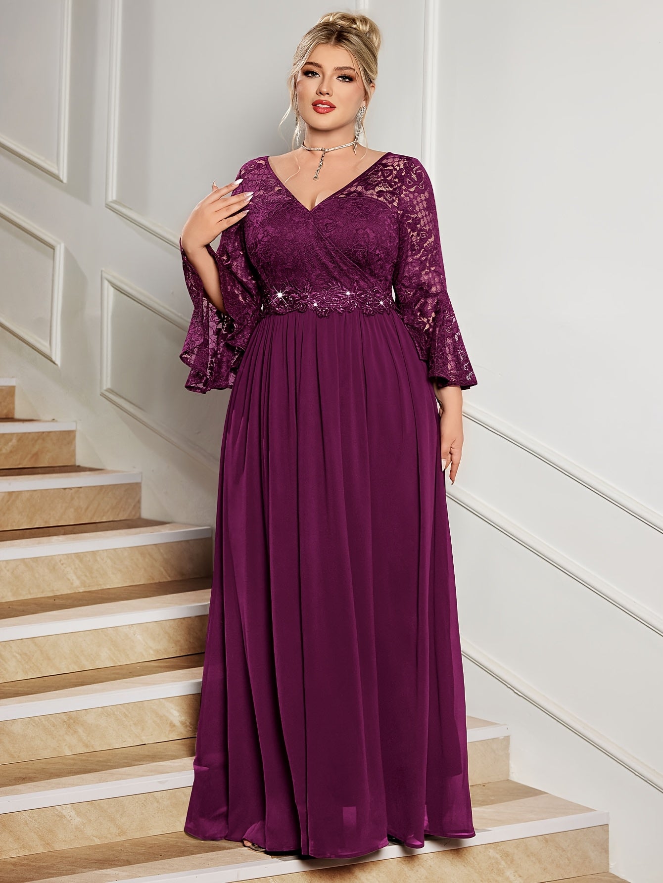 Plus Size Lace V-Neck Gown with Bell Sleeves and Pleated Skirt for Formal Events