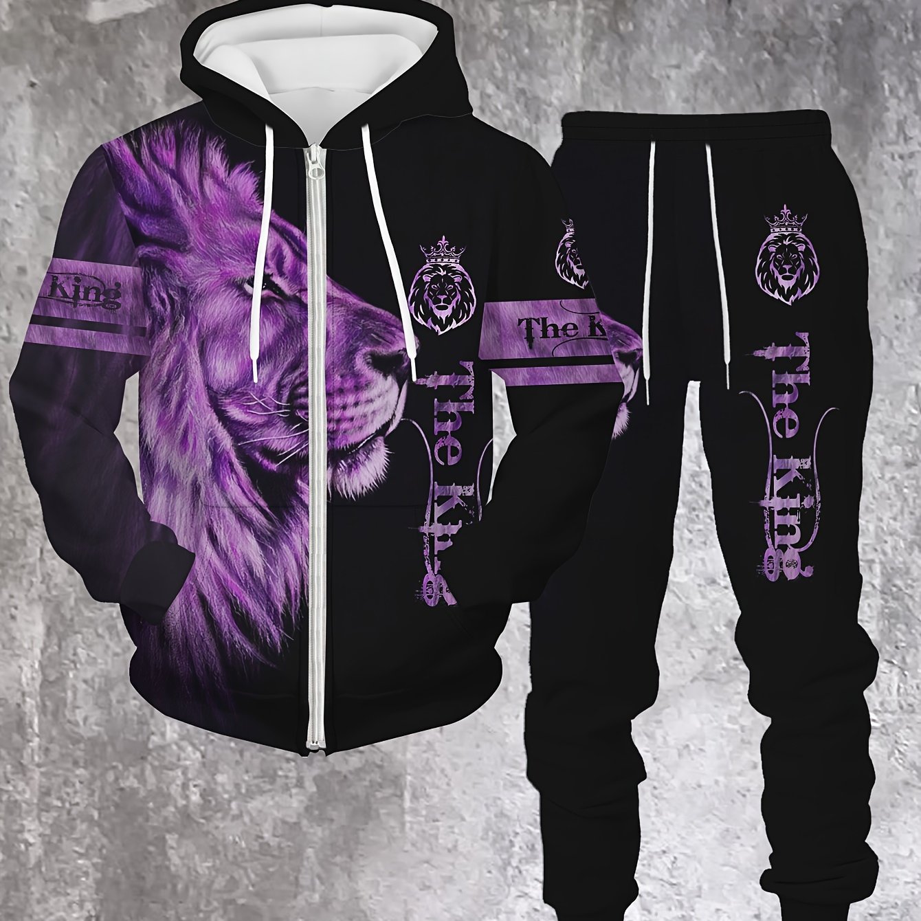 Men's Lion King Hoodie and Jogger Set Casual Polyester Loungewear with Lion Design