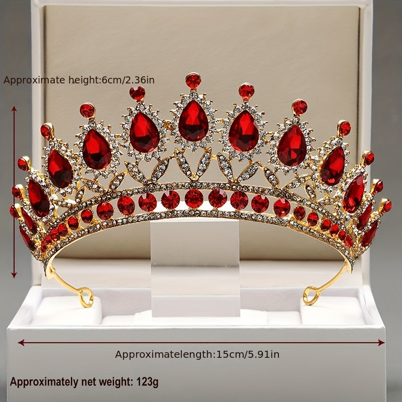 Red Crystal Alloy Queen's Crown Tiara Headband for Bridal Wedding Party