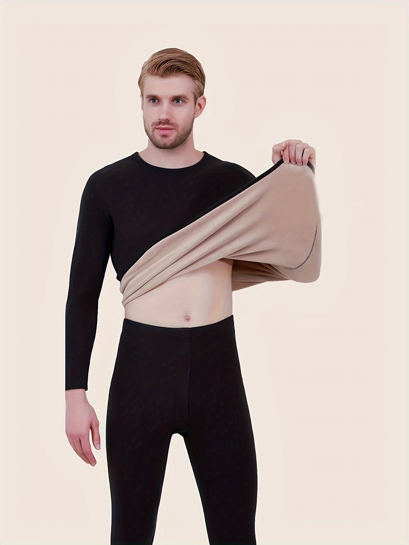 Men's Winter Thermal Underwear Set Fleece-Lined Long Sleeve Crew Neck and Pants