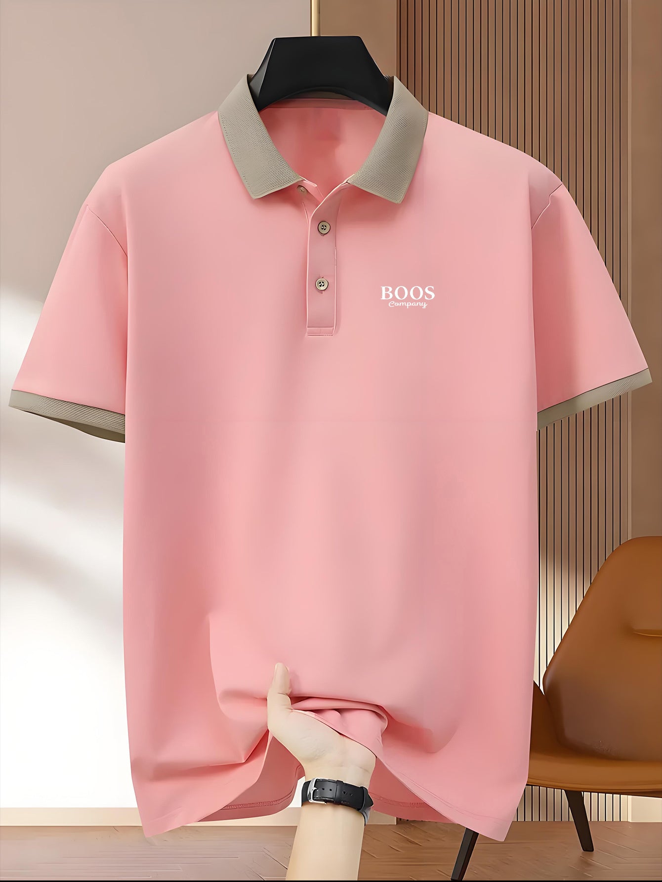 Men's Pink Golf Tennis Polo Shirt Breathable Polyester Contrast Collar Casual Summer