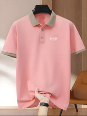 Men's Pink Golf Tennis Polo Shirt Breathable Polyester Contrast Collar Casual Summer