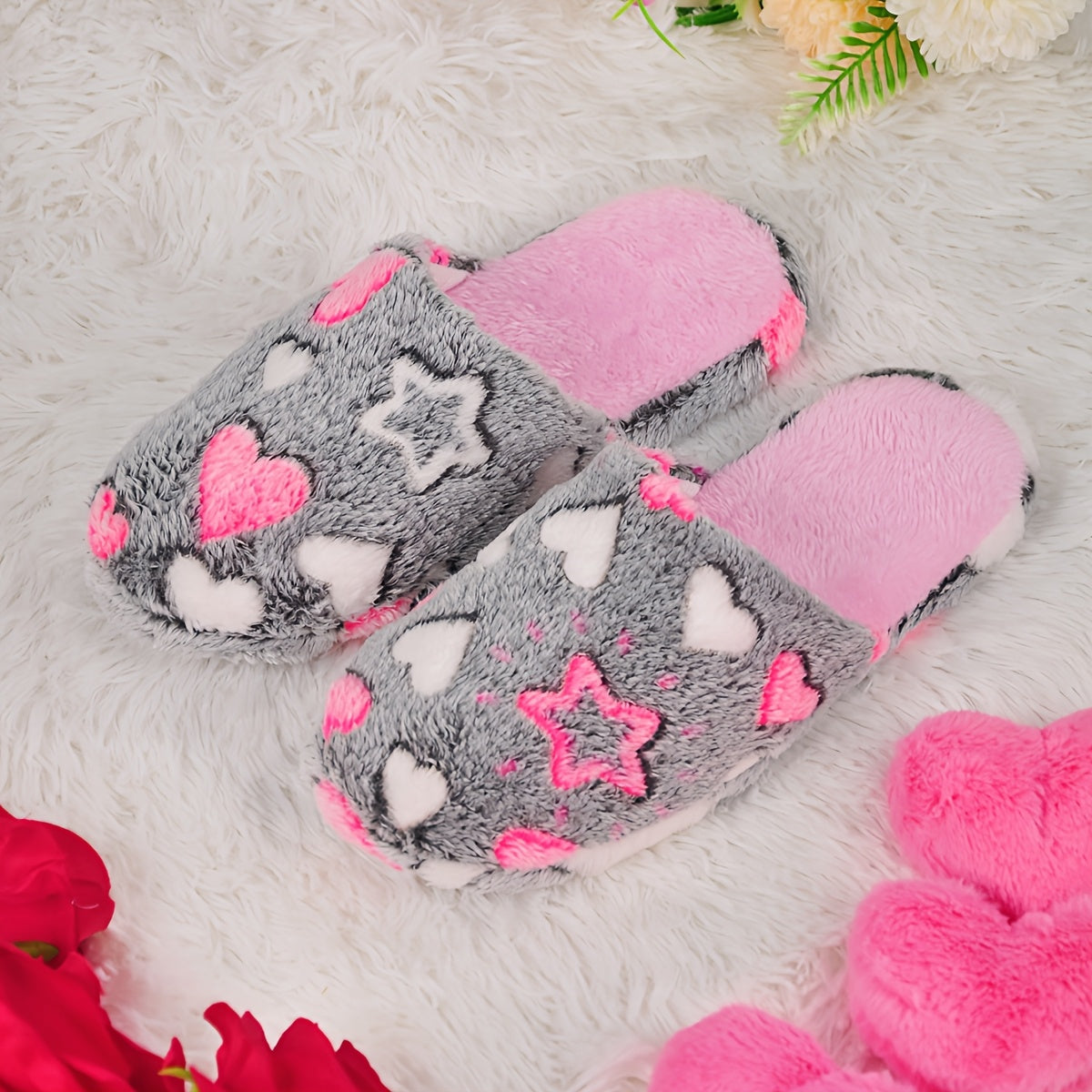 Women's Plush Non-Slip Indoor Slippers with Heart and Star Patterns Pink and Black