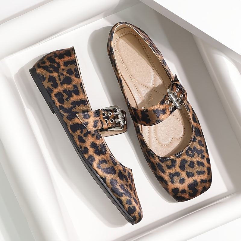 Women's Leopard Print Mary Jane Flats Square Toe Buckle Comfort Shoes