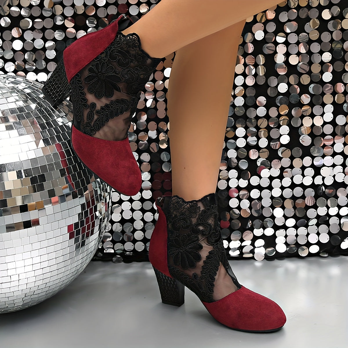 Women's Black Lace-Trimmed Mesh Ankle Boots Pointed Toe Chunky Heel