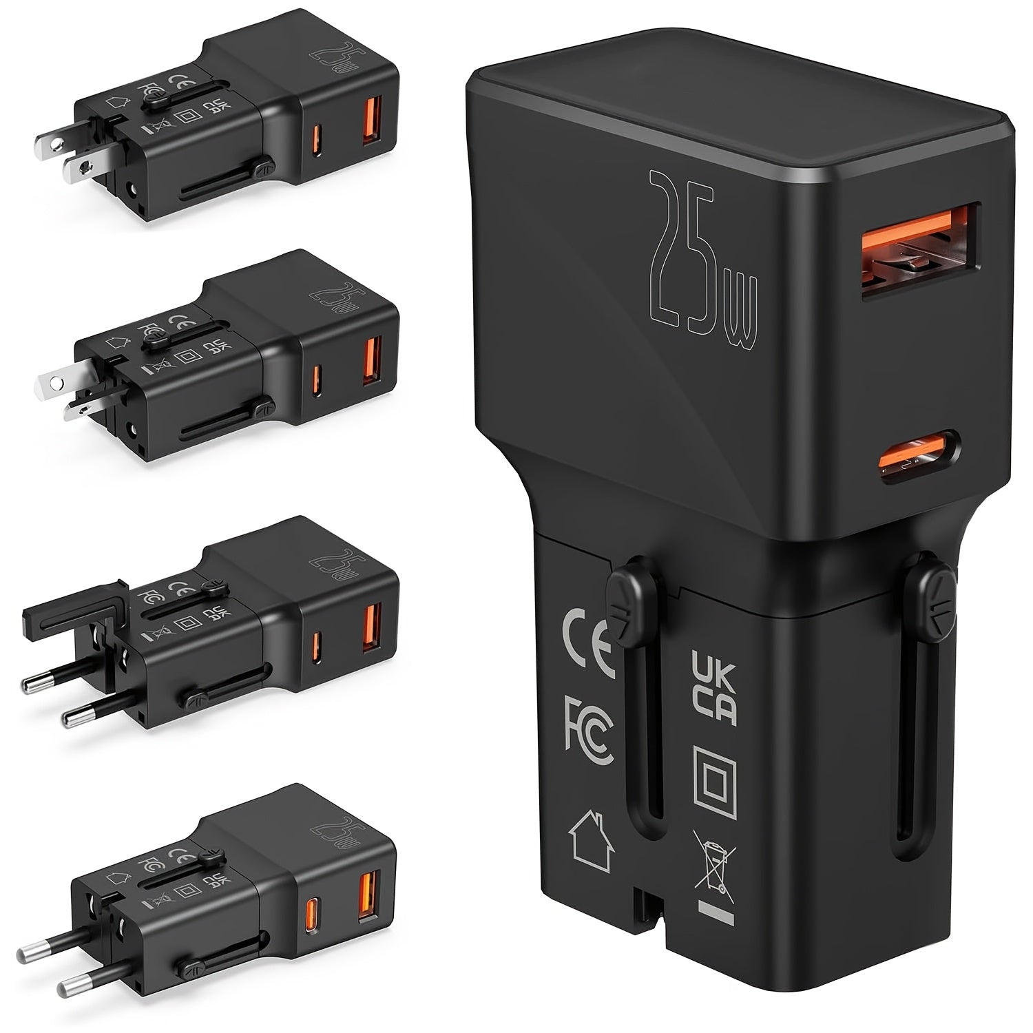 25W International Travel Power Adapter with USB-C and USB-A Ports for US UK EU AU Japan