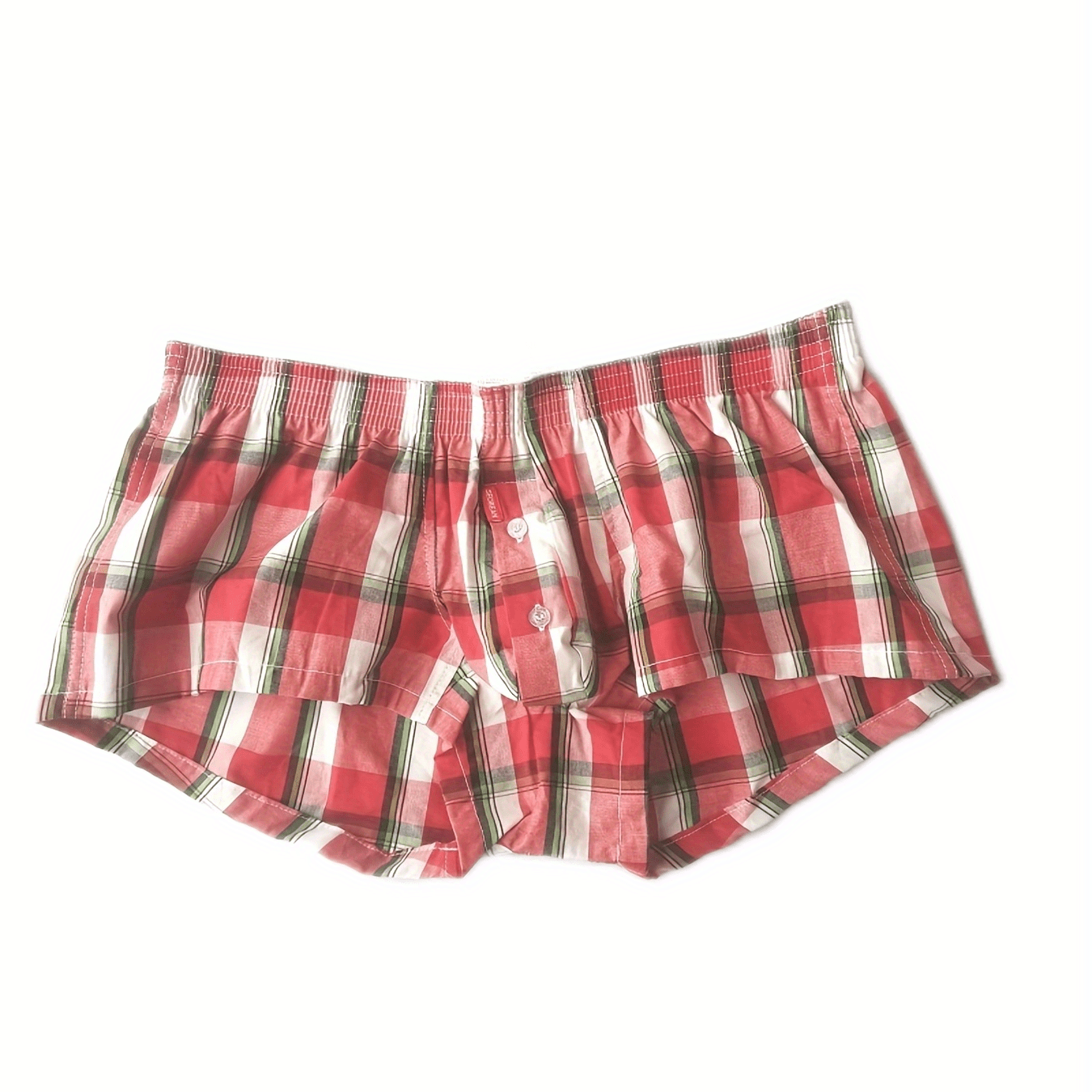 Men's Low Waist Cotton Plaid Underwear with Front Button Opening Shortie