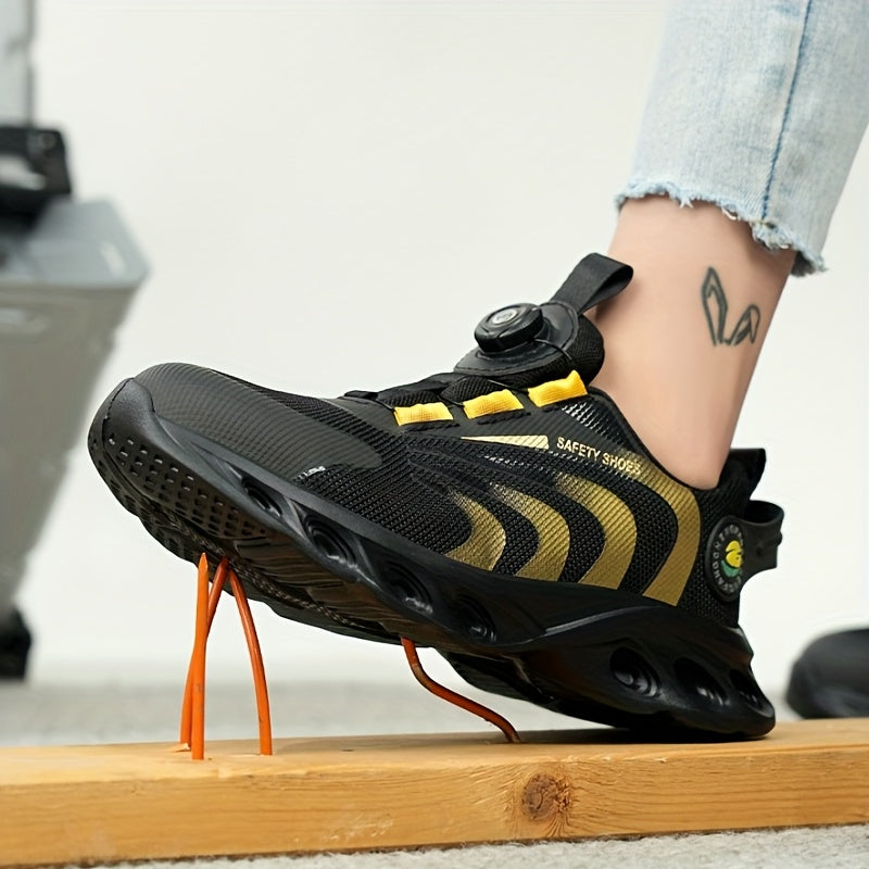 Women's Lightweight Safety Sneakers Breathable Mesh Black Yellow Steel Toe