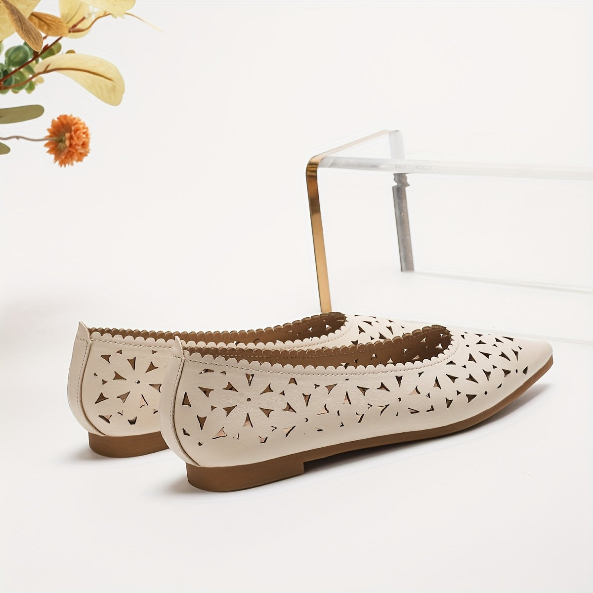 Women's Pointed-Toe Slip-On Flats Breathable Cut-Out Beige Synthetic Shoes