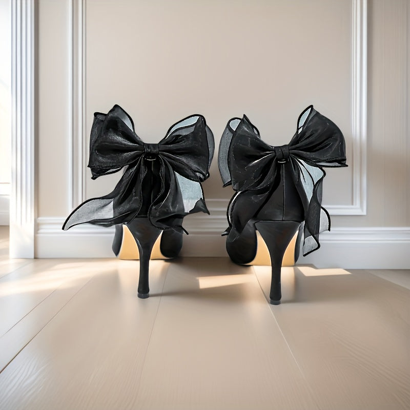 Women Black Mesh Bow Shoe Clips Set of 2 Detachable for High Heels Party Decor