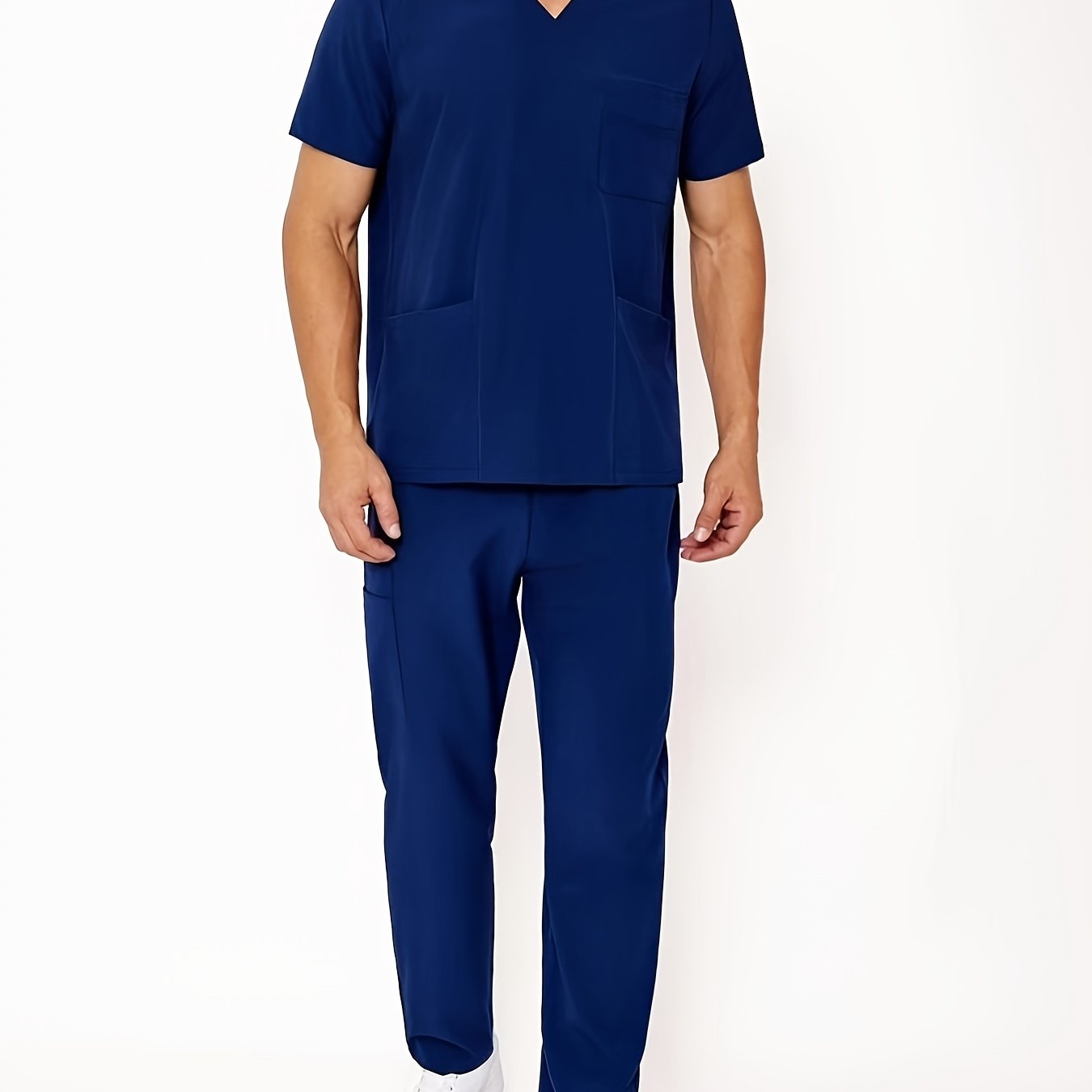 Men's Summer V-Neck Scrub Set with Pockets Casual Workwear for Medical Staff