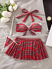 Women's Floral Plaid Halter Neck Lingerie Set with Tie Details