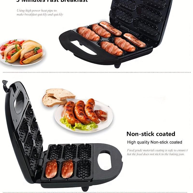 1000W tez isitgich bilan elektr kolbasa tayyorlagich va hot dog pishirgich, tutqichsiz, yog'siz dizayn. Ikki ta isitish elementlari, ergonomik tutqich va qora rangda kompakt kvadrat dizayni bilan jihozlangan.