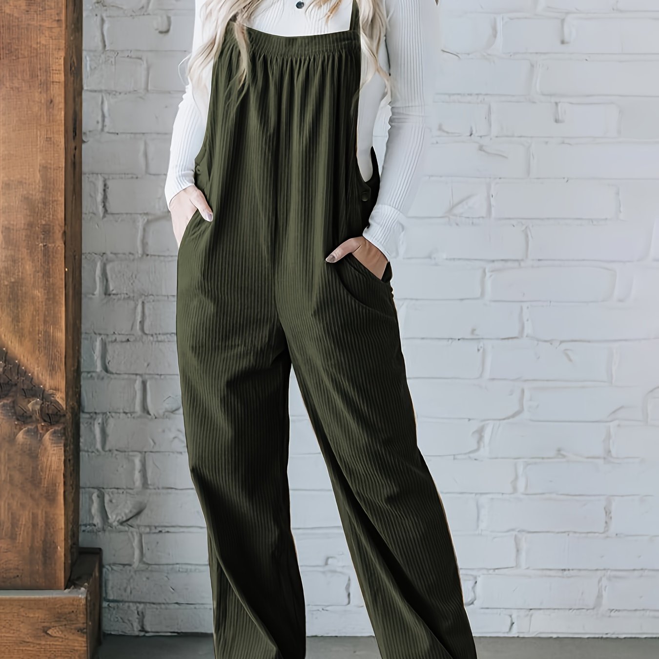 Mono de pana de talla grande con bolsillos para mujer, de poliéster, para otoño e invierno