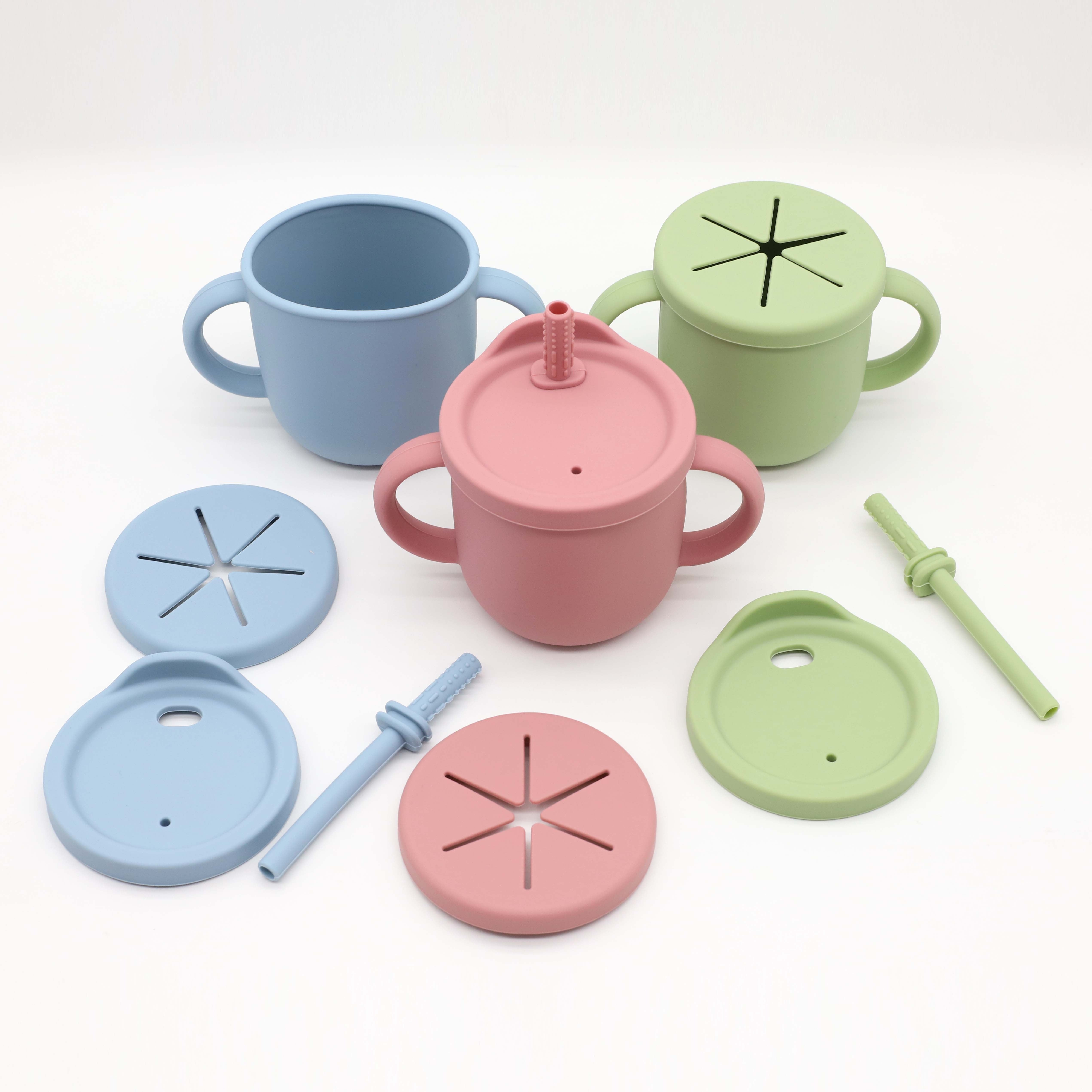 Juego de 9 artículos esenciales de silicona para alimentar a bebés, que incluye babero, plato con succión, cuenco, vaso con pajita, cuchara y tenedor