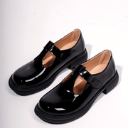 Women's Black Mary Jane Flats Leather Loafers with Round Toe and Rubber Sole
