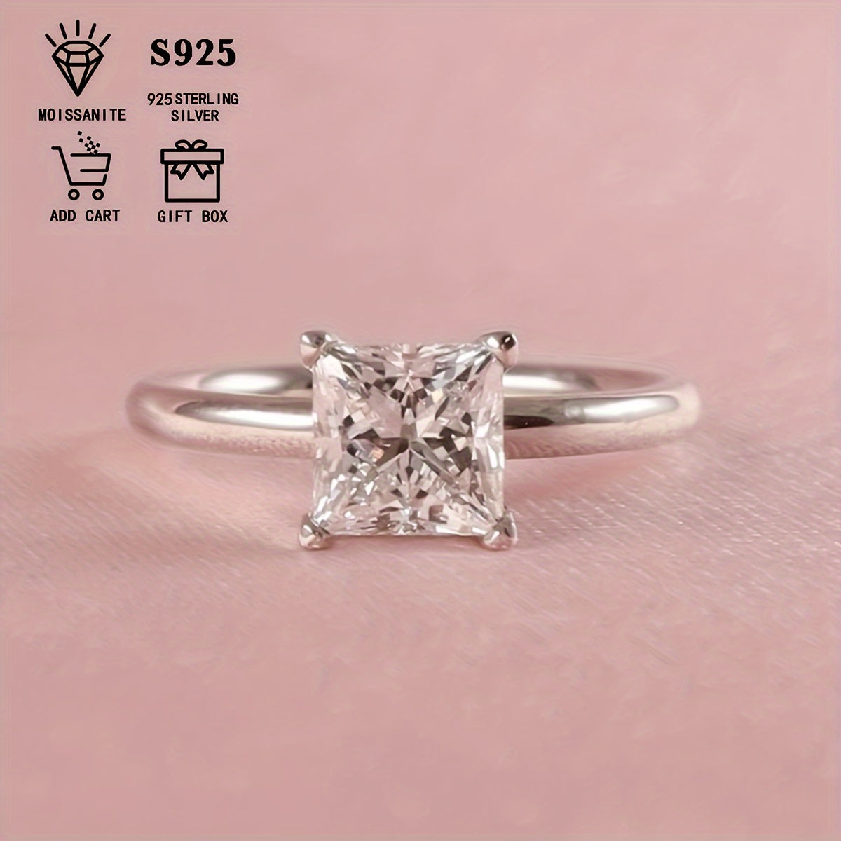 Women’s Moissanite Square Princess Cut Ring 1-3 Carat Sterling Silver Hypoallergenic Gift