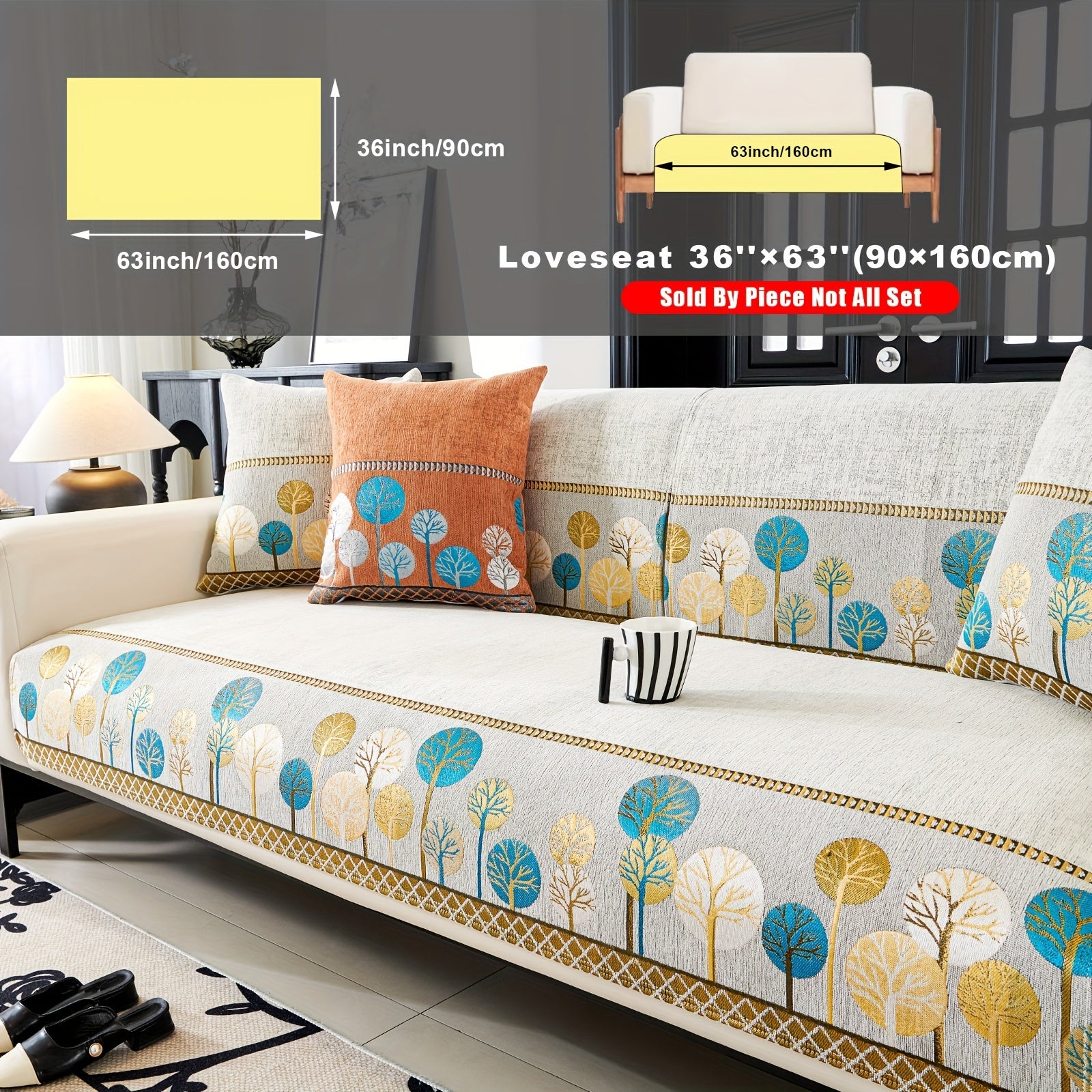 Chenille Sofa Cover with Tree Embroidery Pet-Friendly Slip-Resistant Easy to Clean Fits Various Sofa Sizes for Living Room and Home Decor