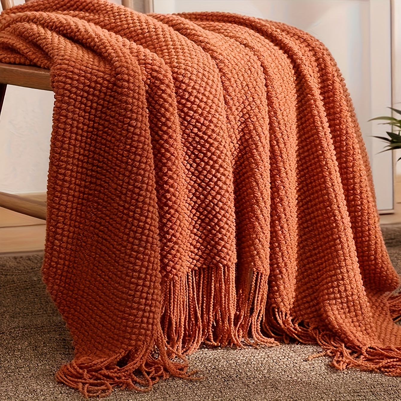 Orange Knit Throw Blanket with Long Tassels Lightweight Soft Bubble Textured for Bed Couch Sofa Chair Outdoor All Season