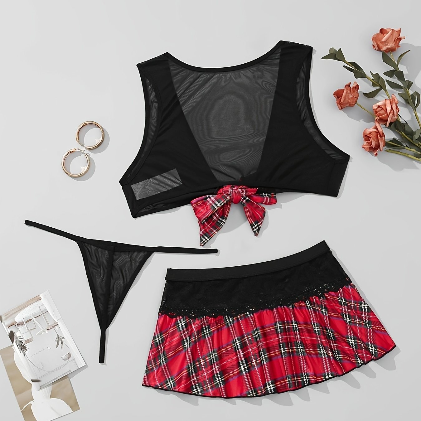 Women's Festival Costume Mesh Bra and Plaid Skirt Lingerie Set