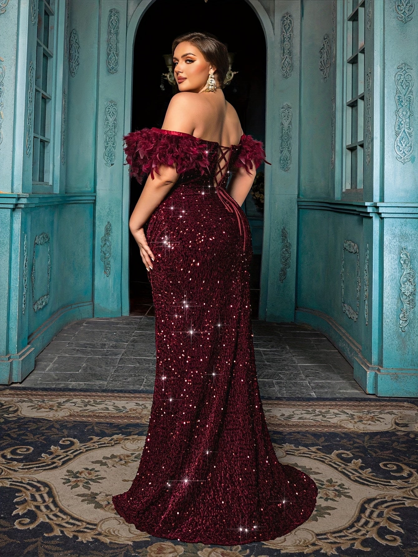 Plus Size Off Shoulder Mermaid Sequin Evening Dress for Formal Events