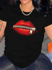 Plus Size Women's Casual T-Shirt with Geometric Lip Print Short Sleeves Polyester Knit