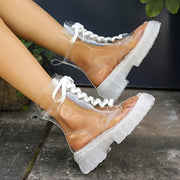 Women's Transparent Short Ankle Boots Thick Sole Lace-up for All Seasons