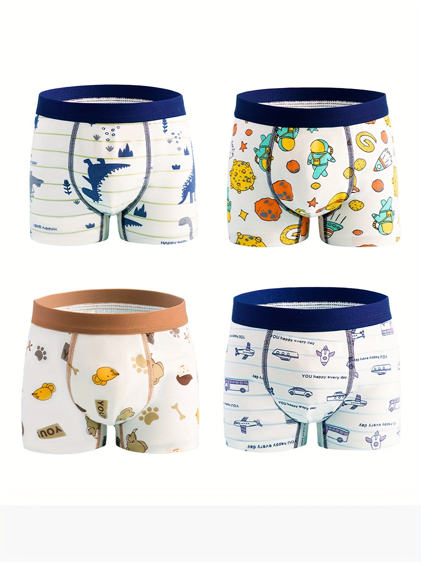 Set of 4 Boys' Cotton Boxer Briefs with Cartoon Animal and Dinosaur Prints, Breathable and Stretchy