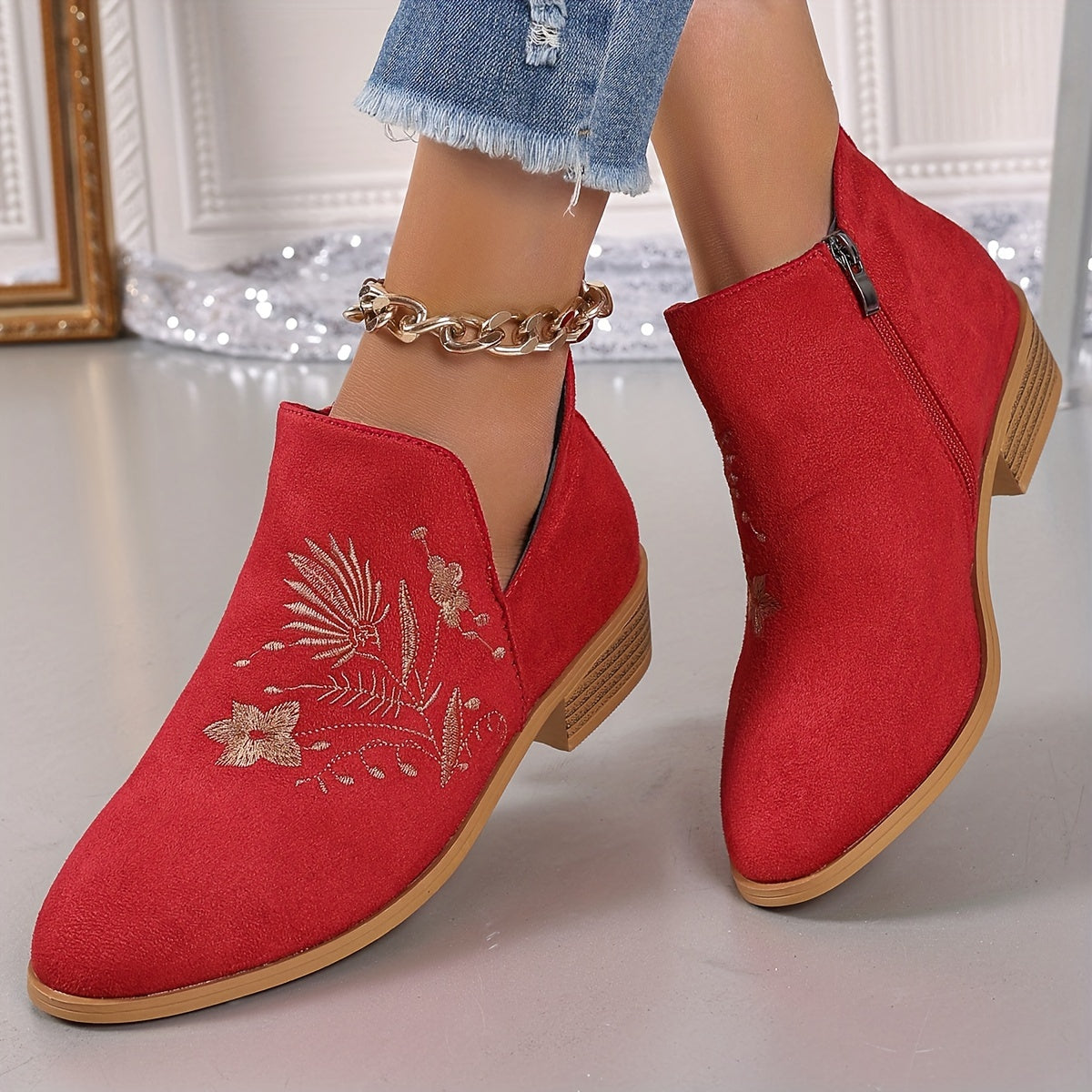 Women's Embroidered Leather Point Toe Chunky Heel Boots with Side Zipper