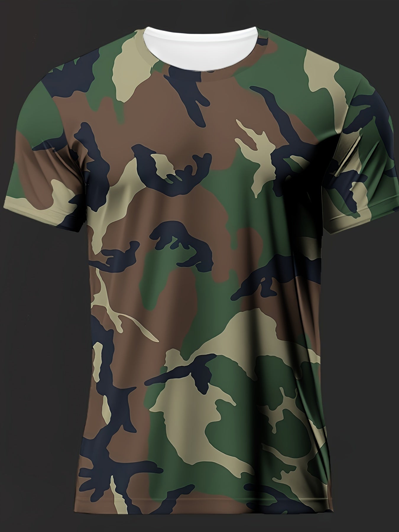 Men's Camo Print Summer Shirt Short Sleeve Breathable Polyester Casual Round Neck