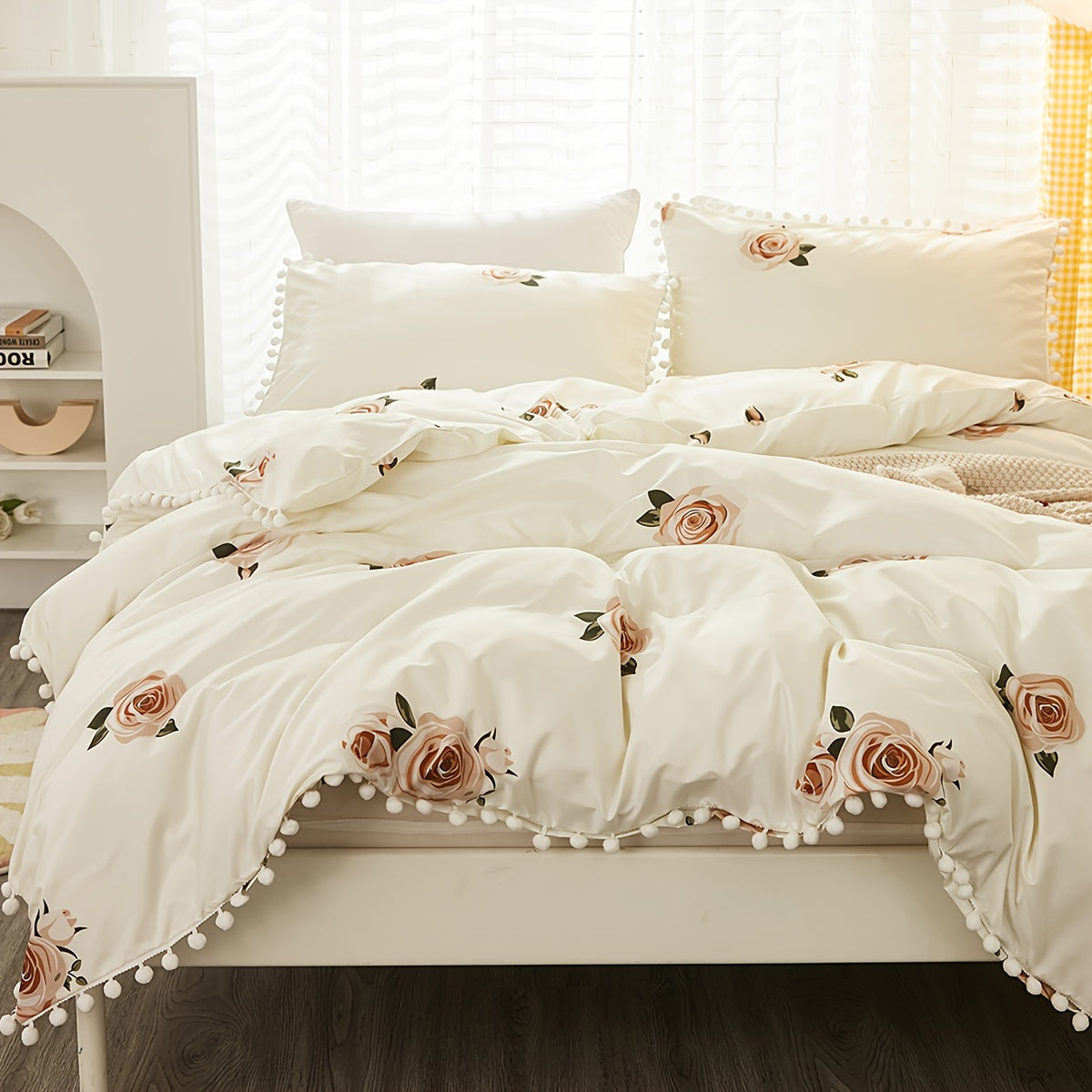 Set of 3 Pastoral Flower Print Duvet Cover Set with Pompom Details Soft Cozy Bedding for Bedroom or Guest Room