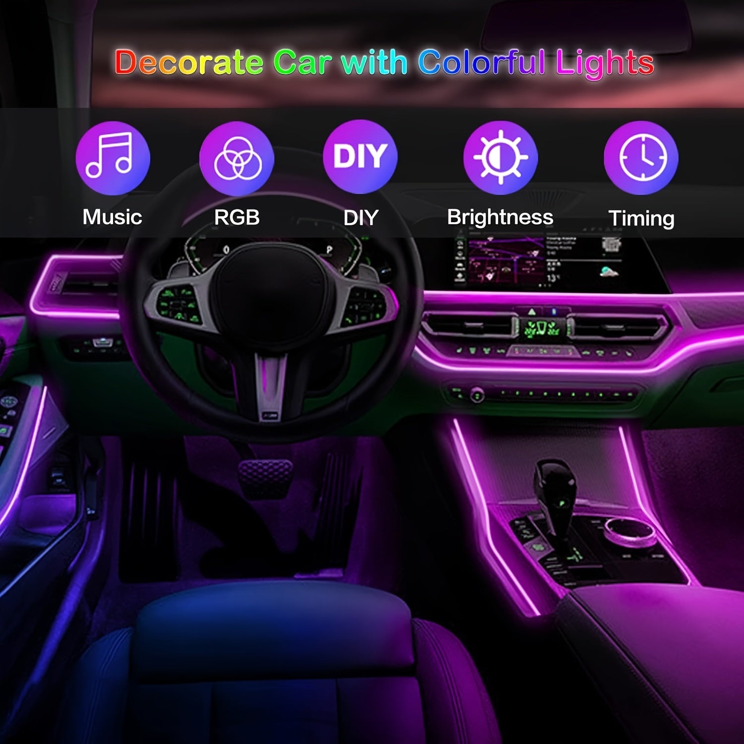 Car Interior LED Strip Lights RGB USB Ambient Lighting Kit for Car Door Console Dashboard