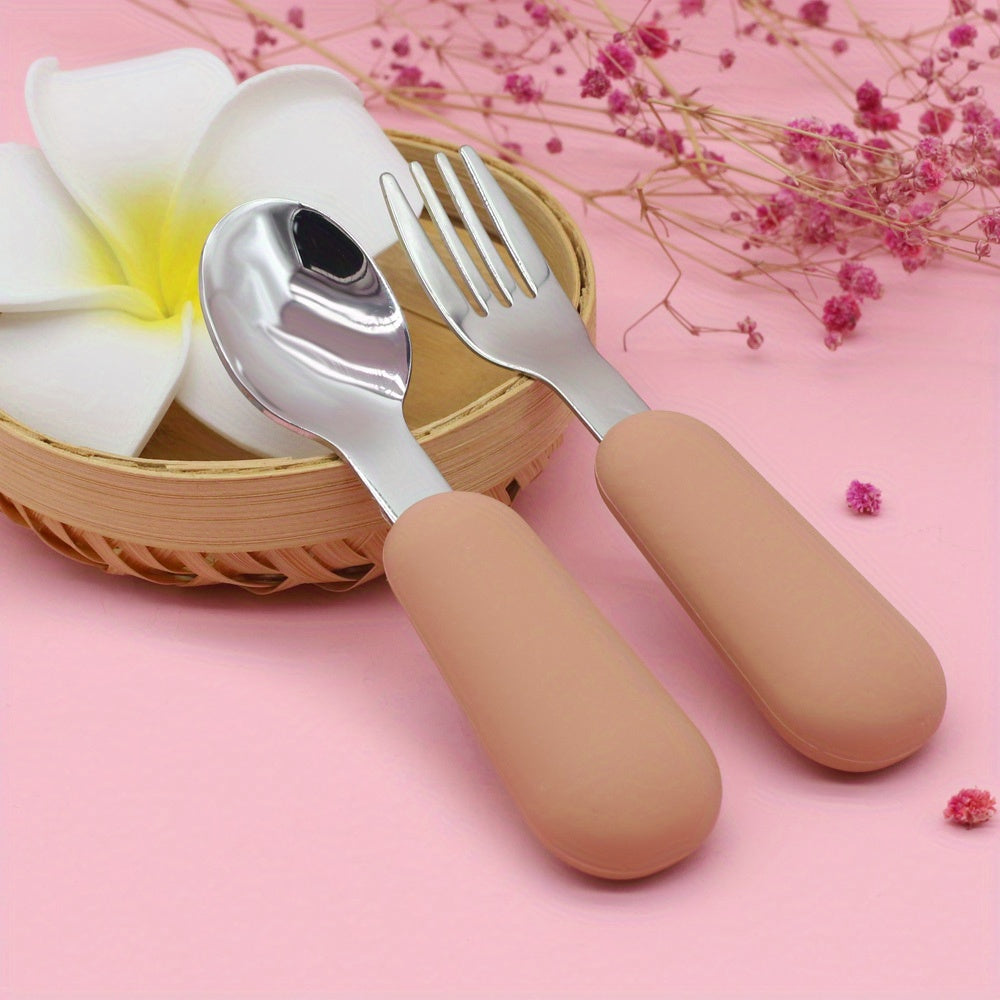 Juego de cubiertos para niños en acero inoxidable para bebés, tenedor y cuchara con mangos redondos