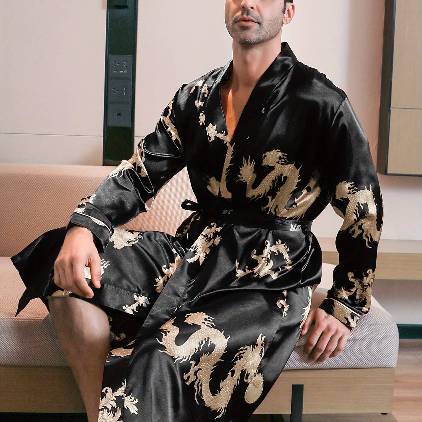 Men's Long Sleeve Robe with Golden Dragon Print Casual Pajama Loungewear Polyester