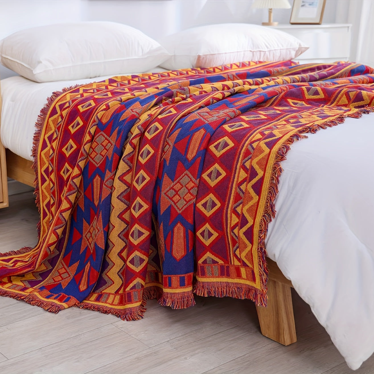 Bohemian Reversible Throw Blanket with Geometric Pattern and Tassels for Couch Protection