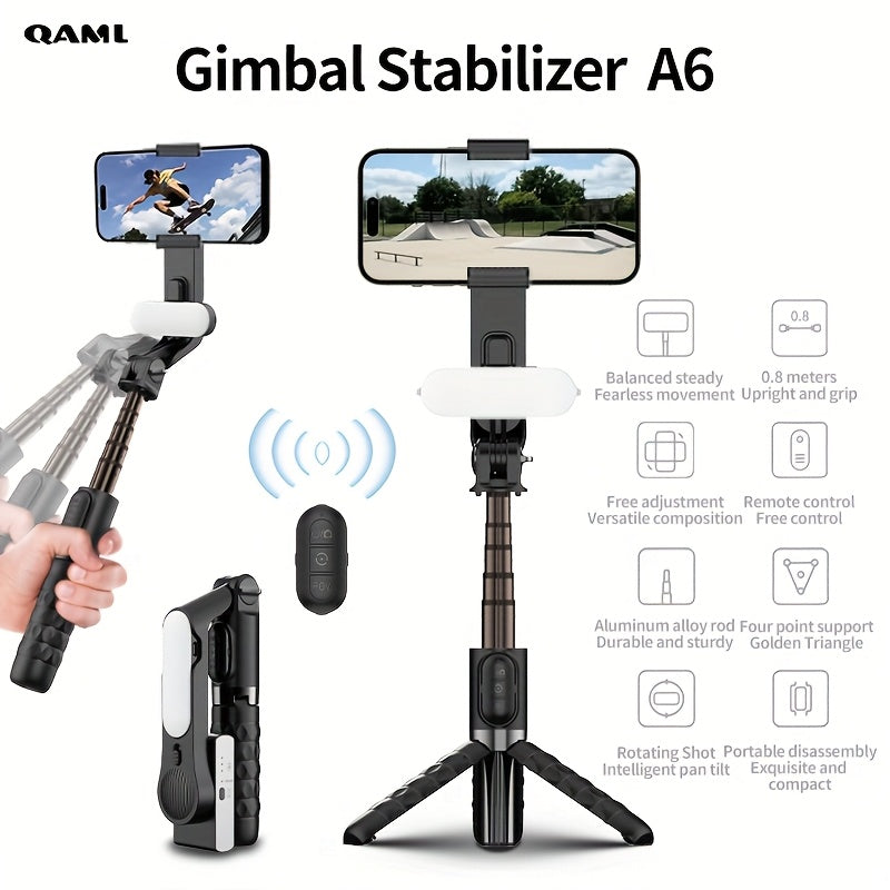 Handheld Gimbal Stabilizer with Selfie Stick Tripod for iPhone Android Wireless Remote USB Charging