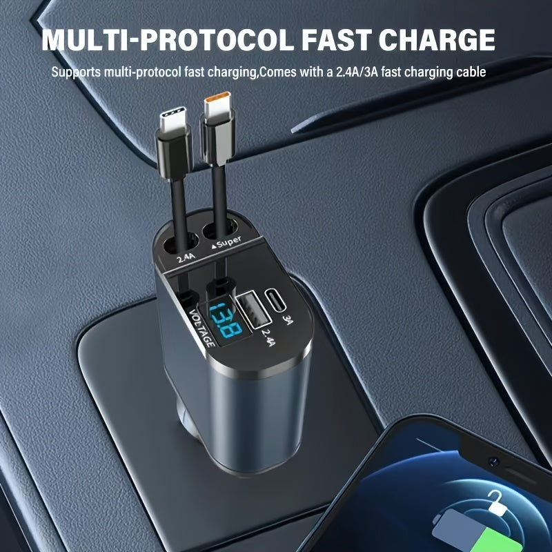 120W Fast Retractable Car Charger with 2 USB Type-C Cables Universal Plug Compact and Portable