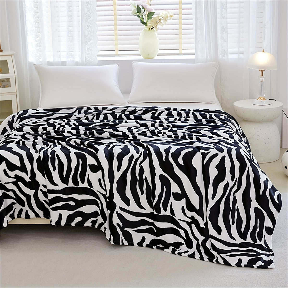 Zebra Patterned Blanket Soft Warm Versatile for Nap Bed Sofa Travel