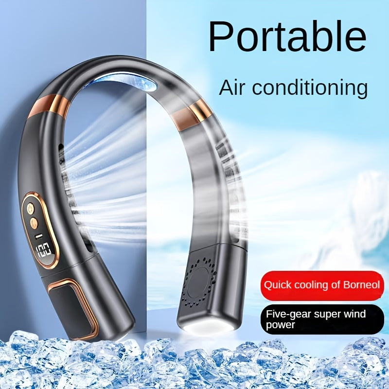 Unisex Portable Neck Fan with Digital Display 7-Color LED 5-Speed Rechargeable Battery for Travel and Sports
