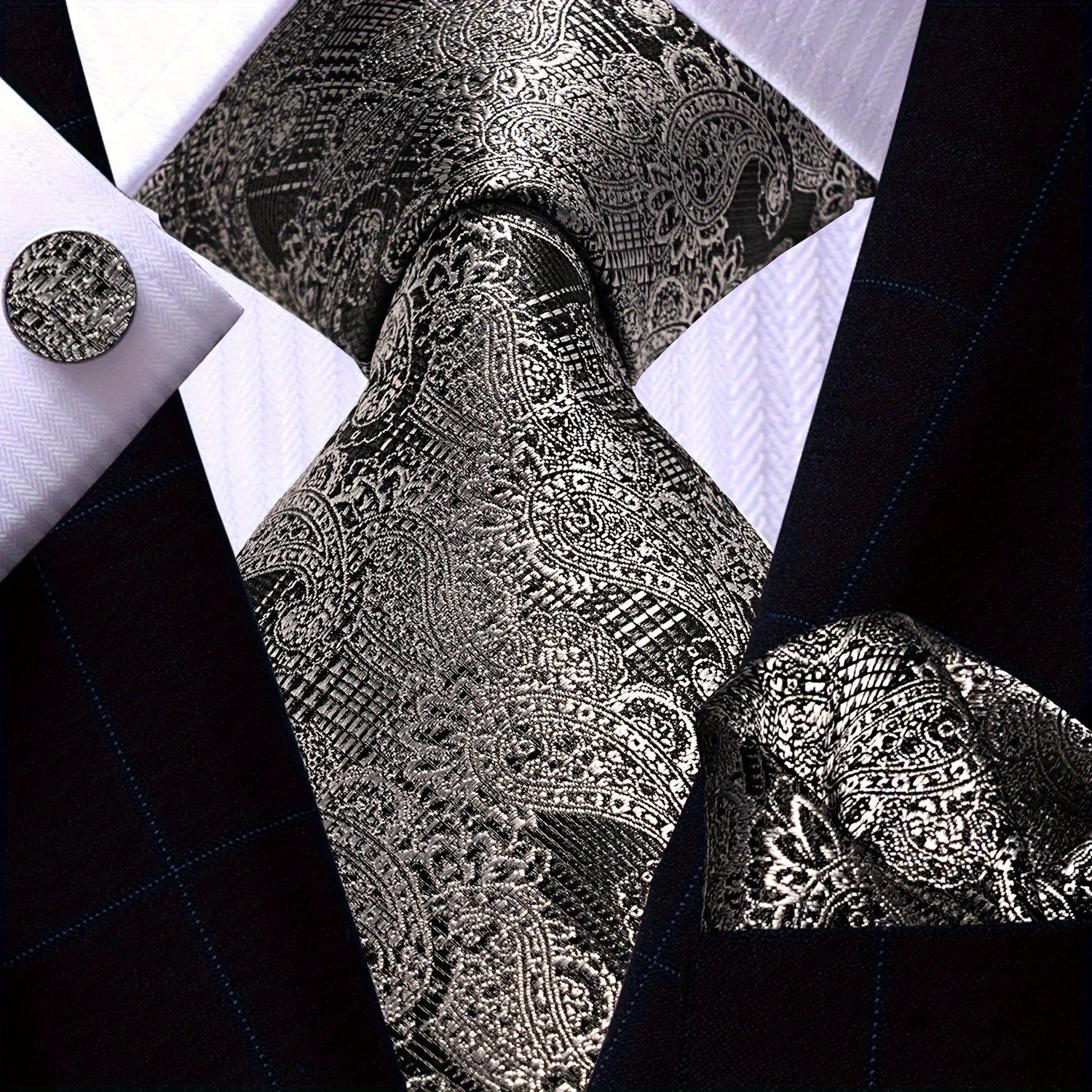 Men's Necktie Pocket Square Cufflinks Set for Wedding Business Party