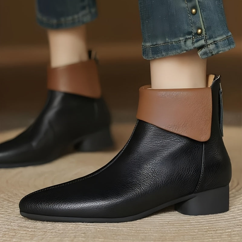 Women Ankle Boots Faux Cover Leather Mid-Heel Side Zipper Pointed Toe
