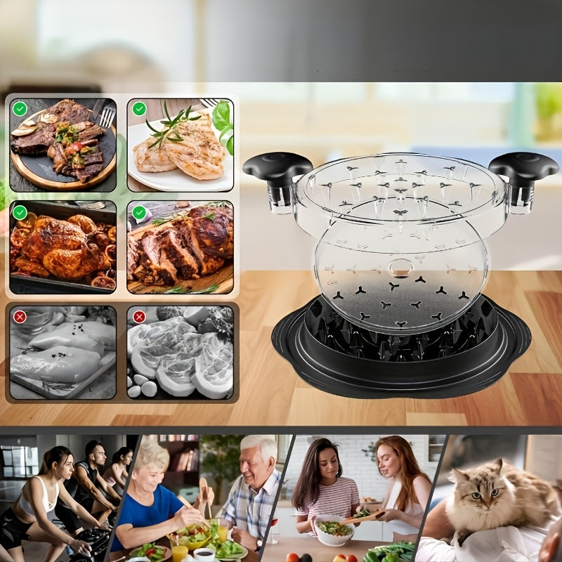 Tirnoqli qo‘l bilan burilish tutqichli go‘sht maydalagich, tovuq ko‘krak uchun. Tozalash oson va issiqlikka chidamli, yopishqoq bo‘lmagan asos bilan. Ko‘rish uchun shaffof qopqoq.