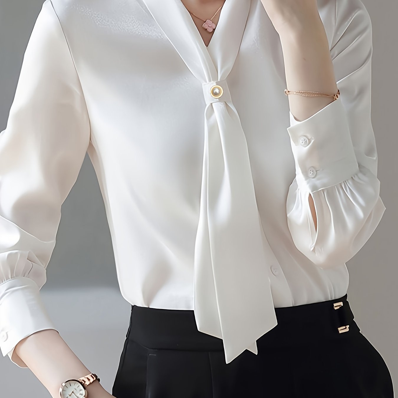 Women's White V-Neck Blouse with Tie and Beaded Details Long Sleeve Polyester