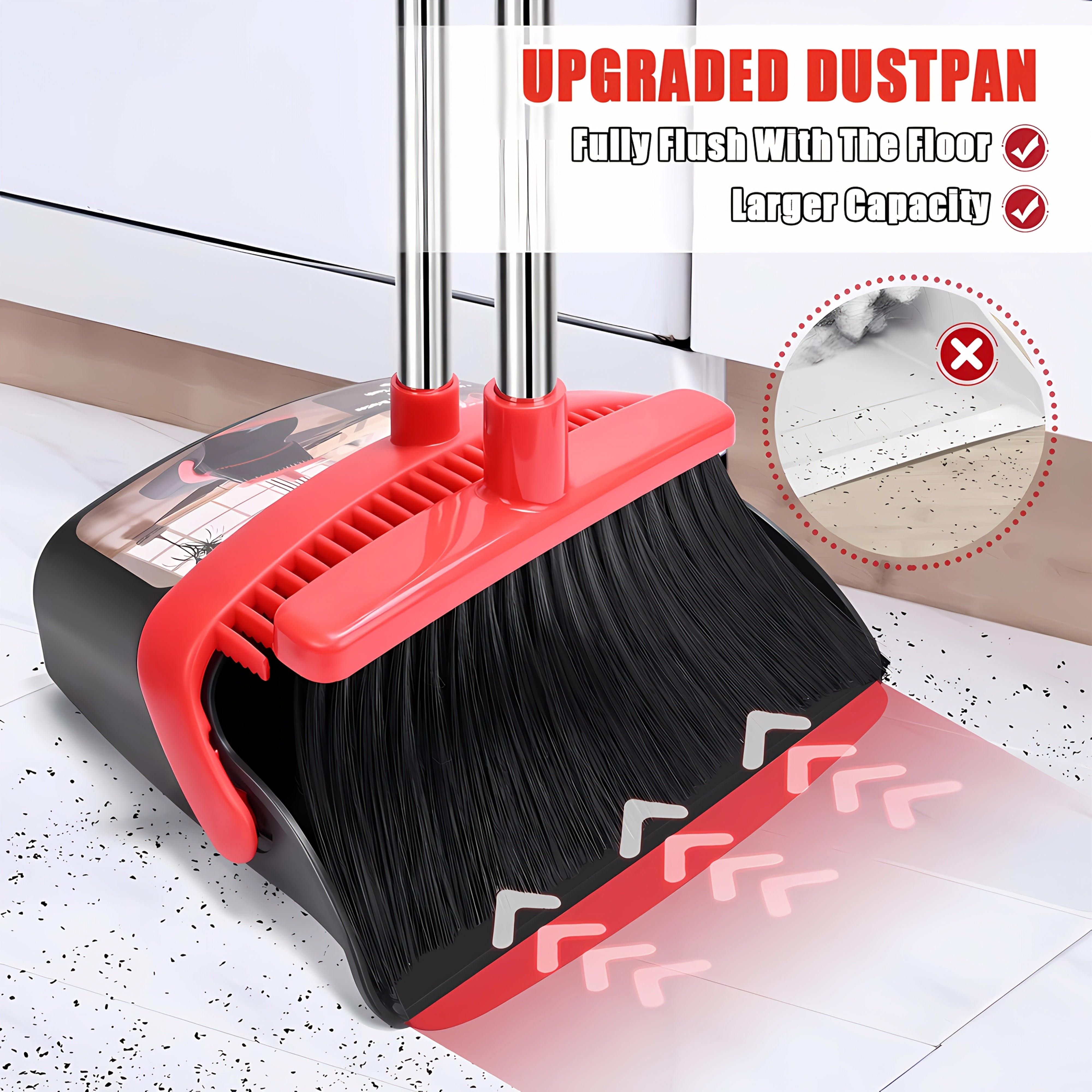 Conjunto de escoba y recogedor de múltiples superficies en negro y rojo con dientes autolimpiables