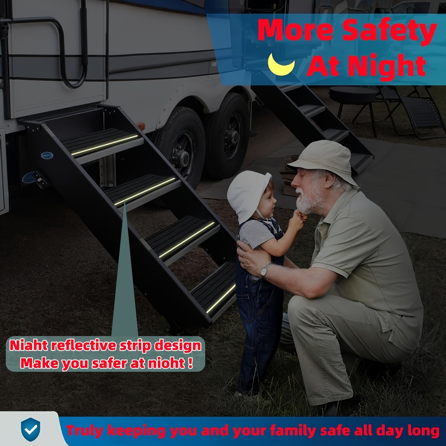 Juego de 3 piezas de cubiertas para escalón de RV, negro, poliéster, con tiras reflectantes duraderas, accesorios para acampar