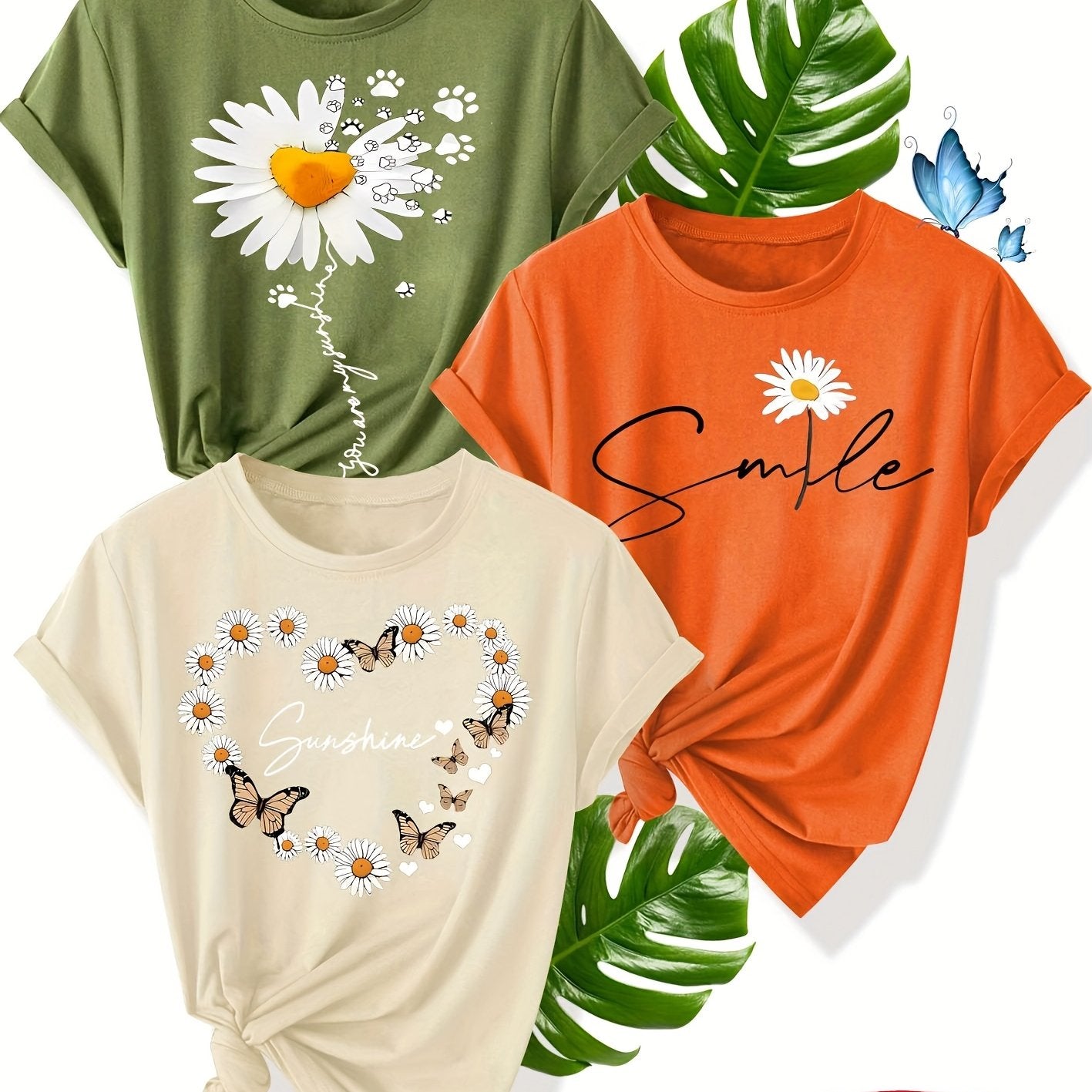 Women's Cotton Butterfly Pattern T-Shirt Summer Casual Short Sleeve