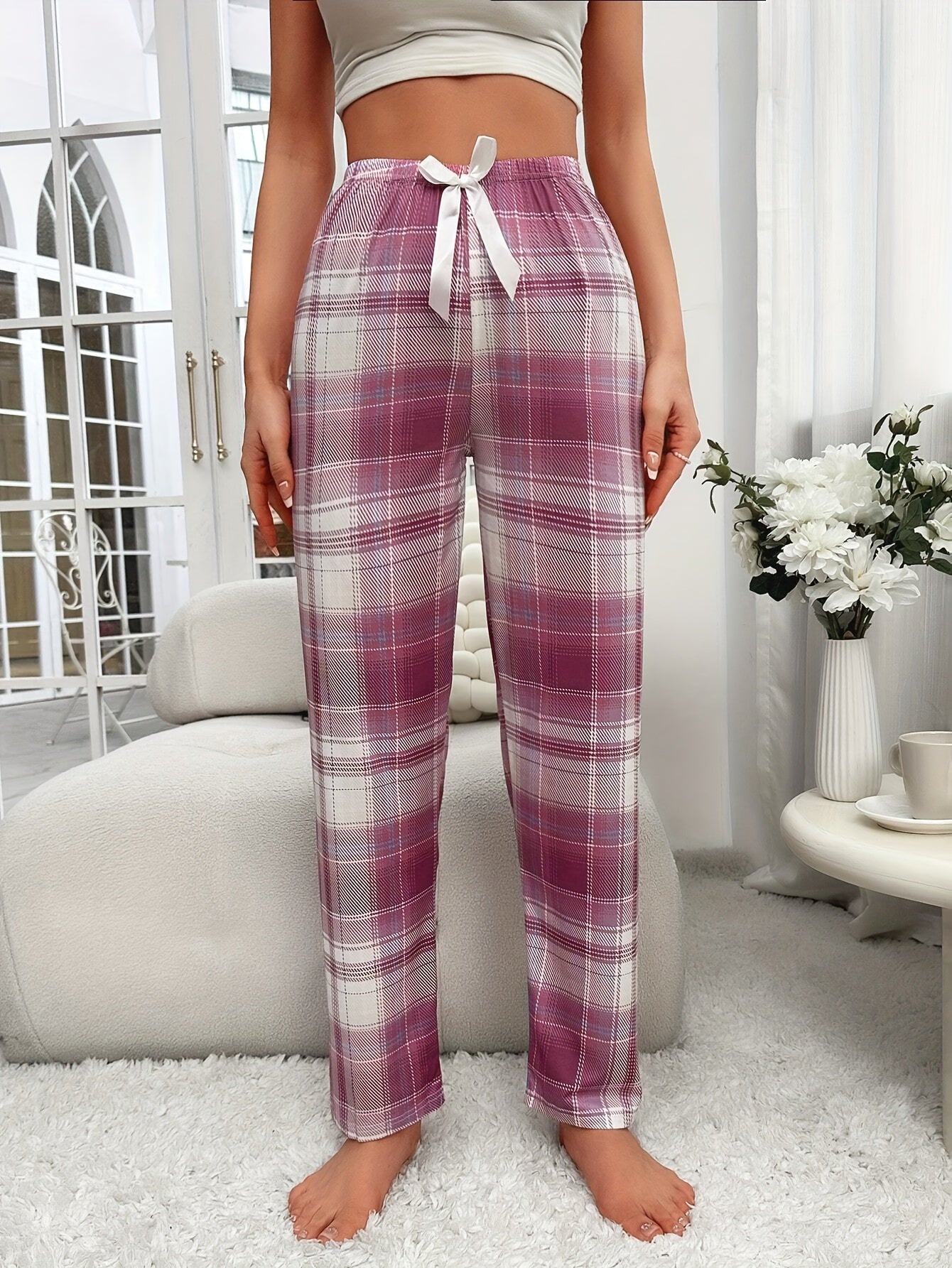 Women's Plaid Bow Elastic Pajama Pants Casual Sleepwear Bottoms All Season