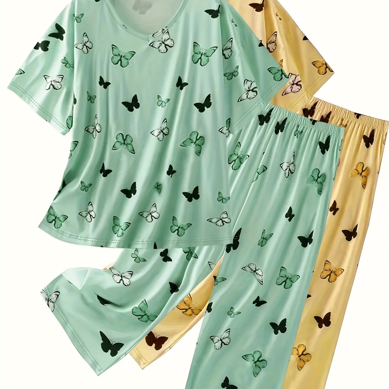 Plus Size Butterfly Print Short Sleeve Pajama Set Two-Piece Combo