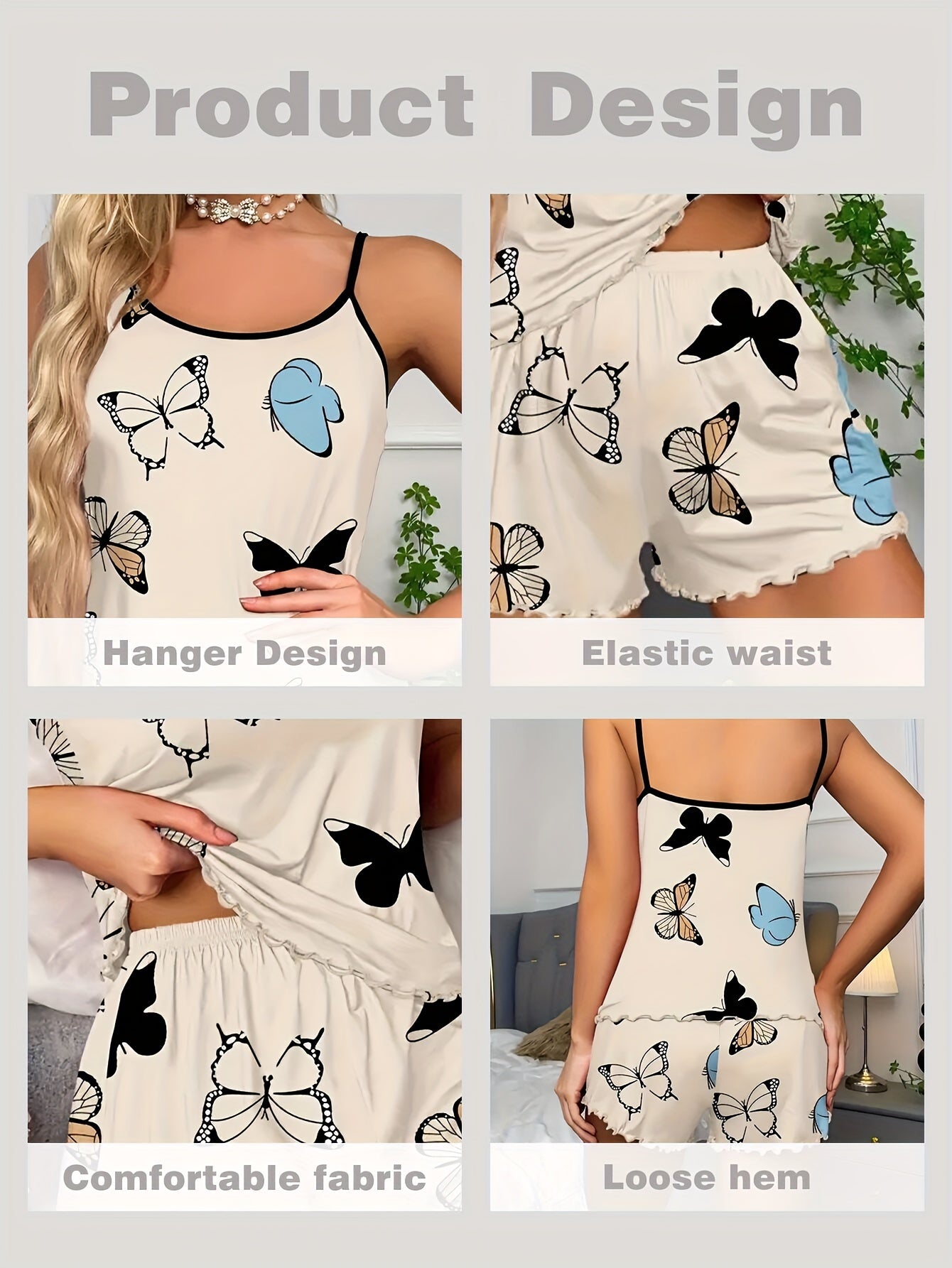 Women's Polyester Pajama Set Sleeveless Cami with Butterfly Print and Elastic Shorts