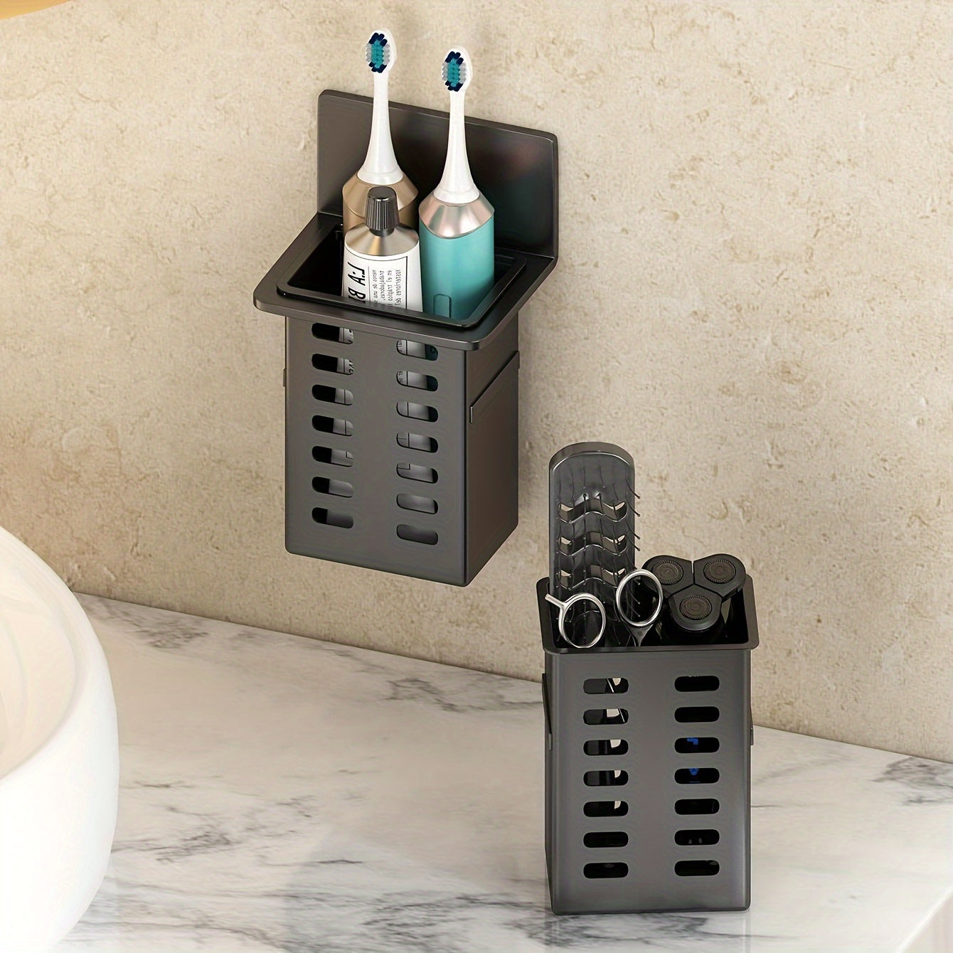 Wall-Mounted Bathroom Toothbrush Holder with Storage Rack Organizer and Container